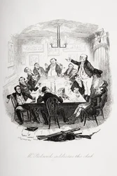 Sr. Pickwick aborda o clube, ilustração de "The Pickwick Papers" por Charles Dickens (1812-1870) publicado em 1837